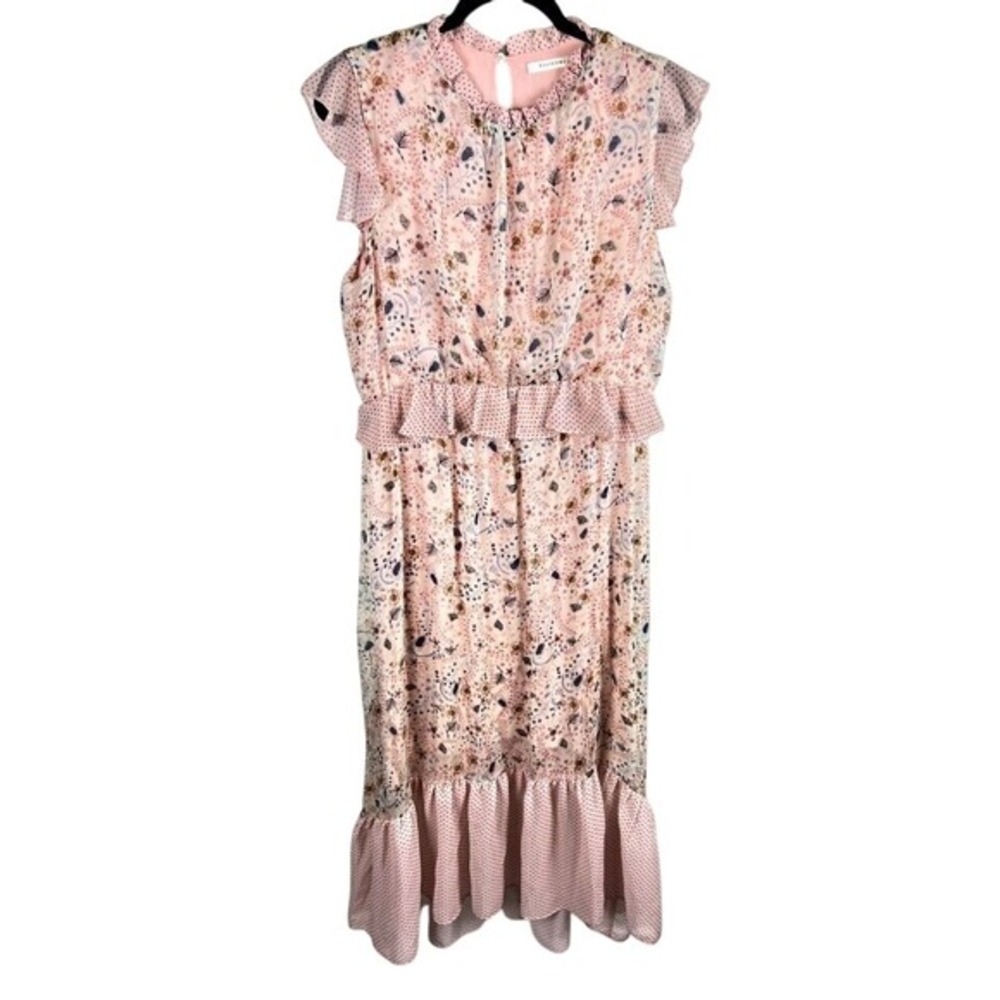 Floral Ruffle Midi Dress Sz Large Cottagecore Garden Girl Boho Polka Dot Ellison